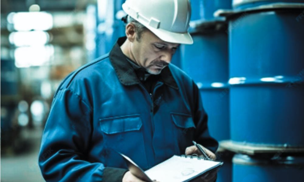 Person checking an audit checklist around a workplace