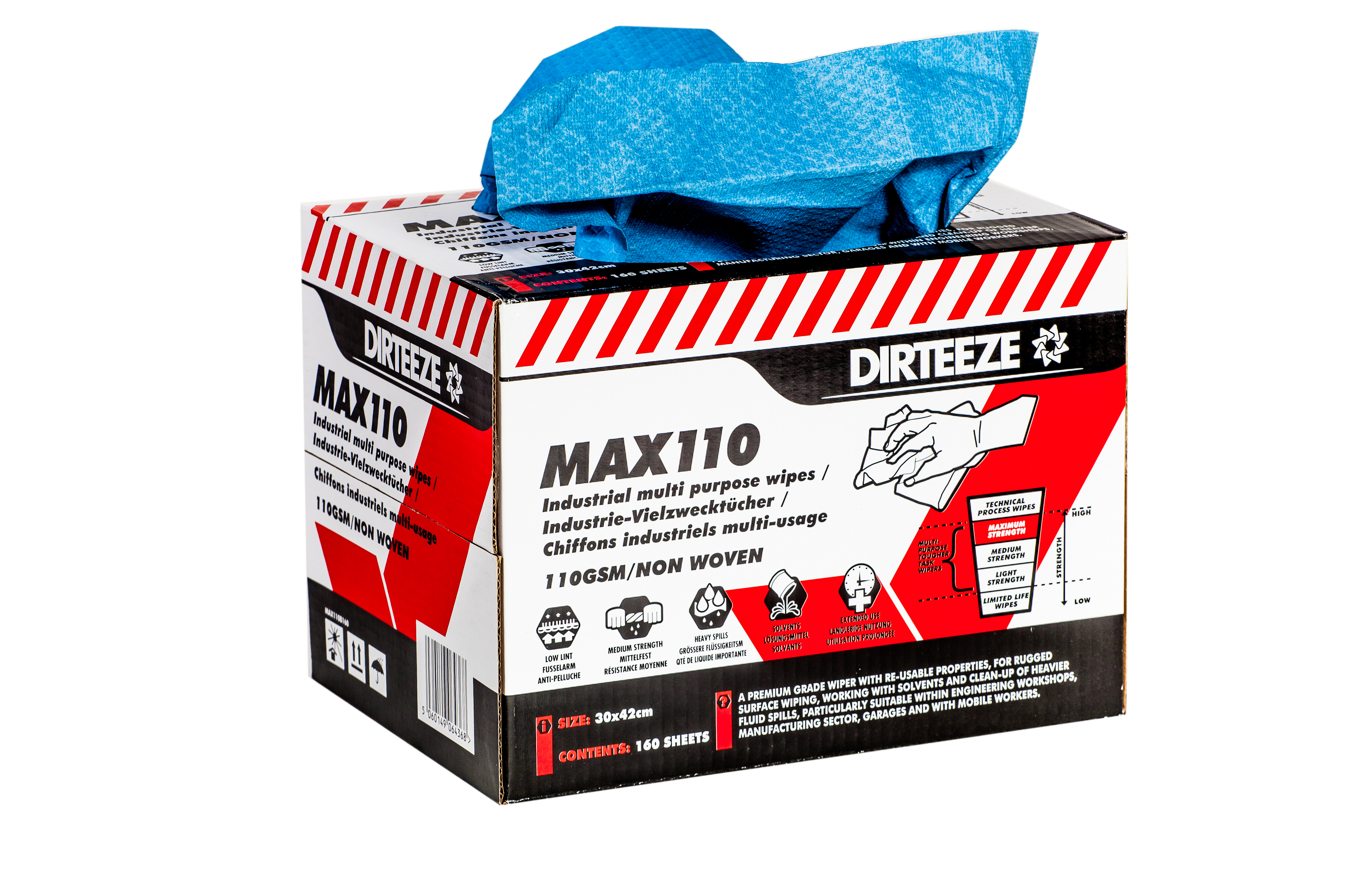 Dirteeze Heavy Duty Maximum Strength Industrial Wipes - MAX110B ||Box of 160 Wipes for Surface Cleaning